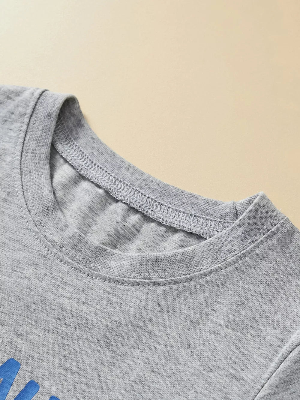 Toddler boys' grey cotton crew neck t-shirt with blue graphic detail.