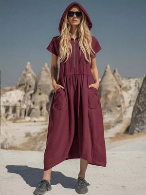 Burgundy hooded midi dress with zipper and pockets