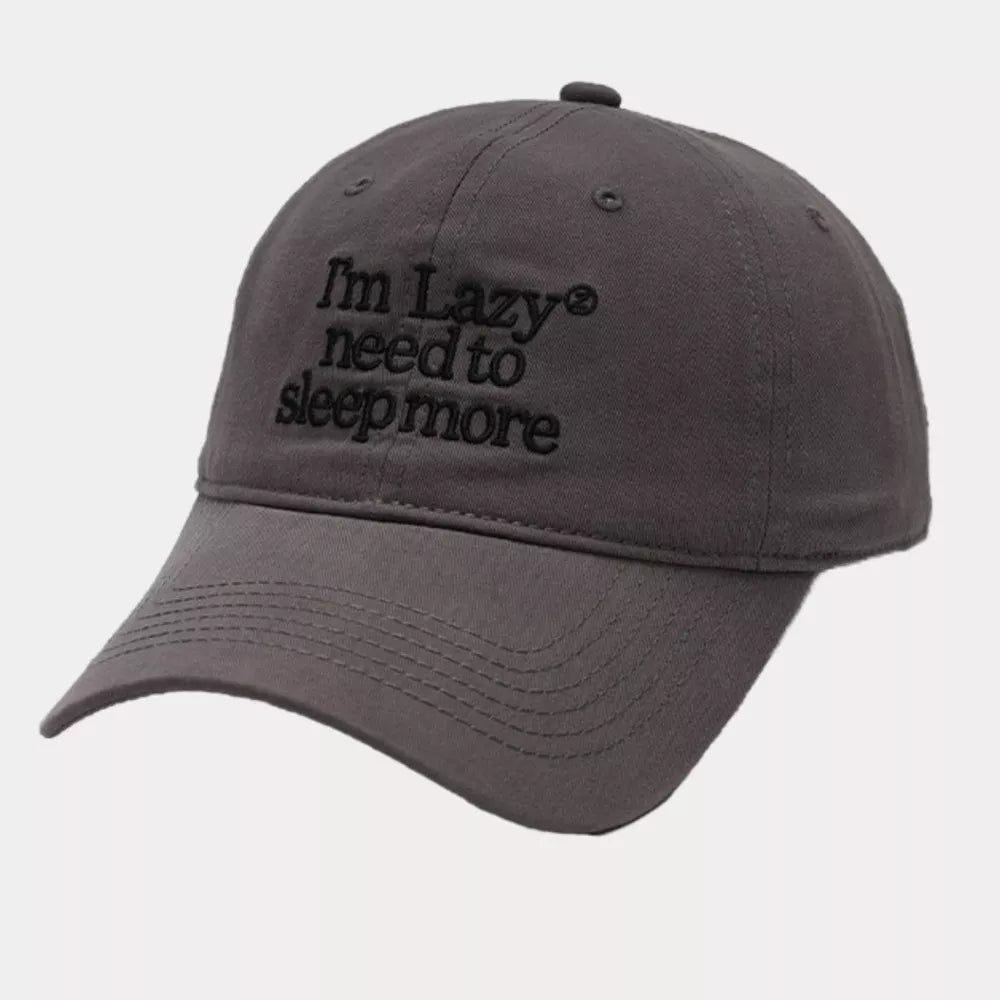 Gray cotton baseball cap with embroidered slogan "I'm Lazy need to sleep more