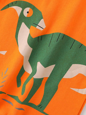 Orange t-shirt with green dinosaur graphic print and white accents.