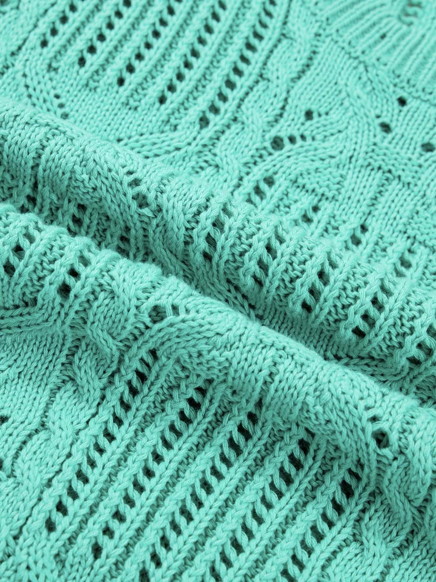 Pointelle knit sweater in mint green with cable and openwork details.