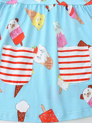 Light blue cotton blend toddler dress with ice cream print and red striped pockets.