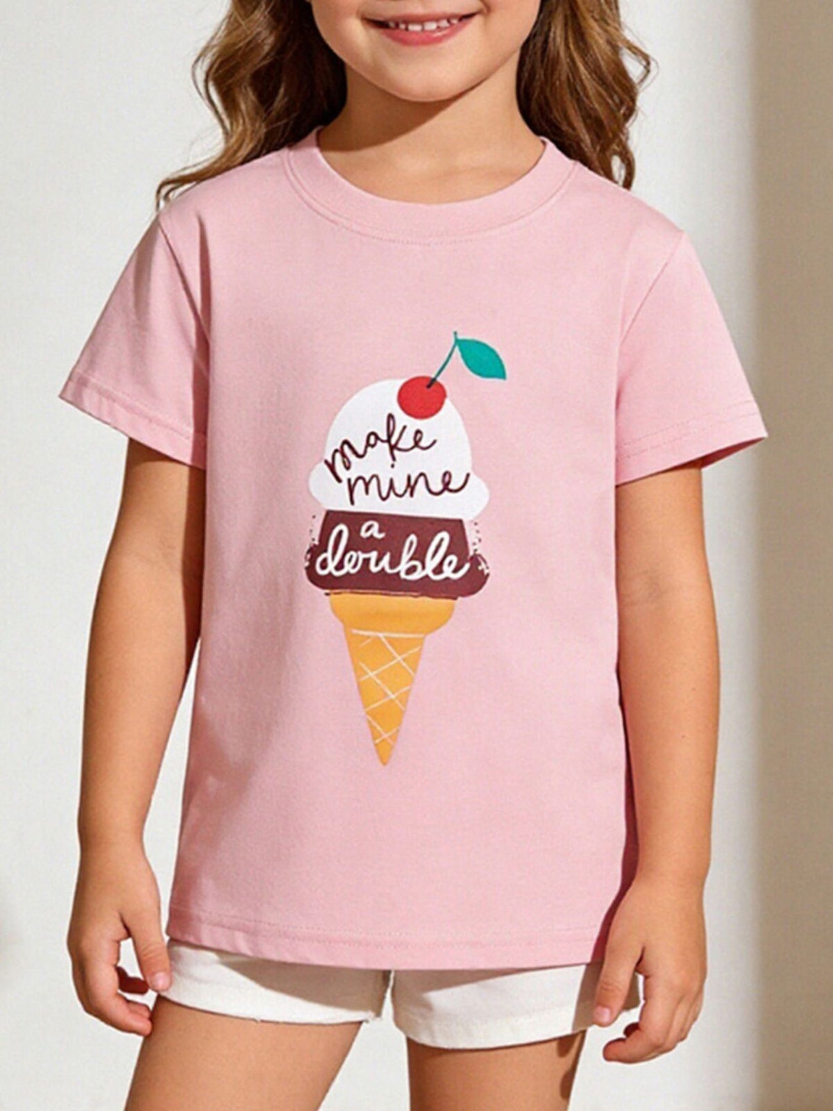 Toddler blush pink crew neck t-shirt with a playful double ice cream cone graphic and text.