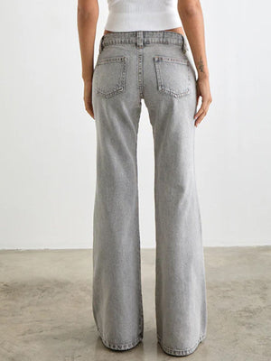 Light gray cotton low rise flare leg jeans with pockets