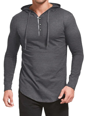 Dark Gray Henley hooded tee with button placket and curved hem