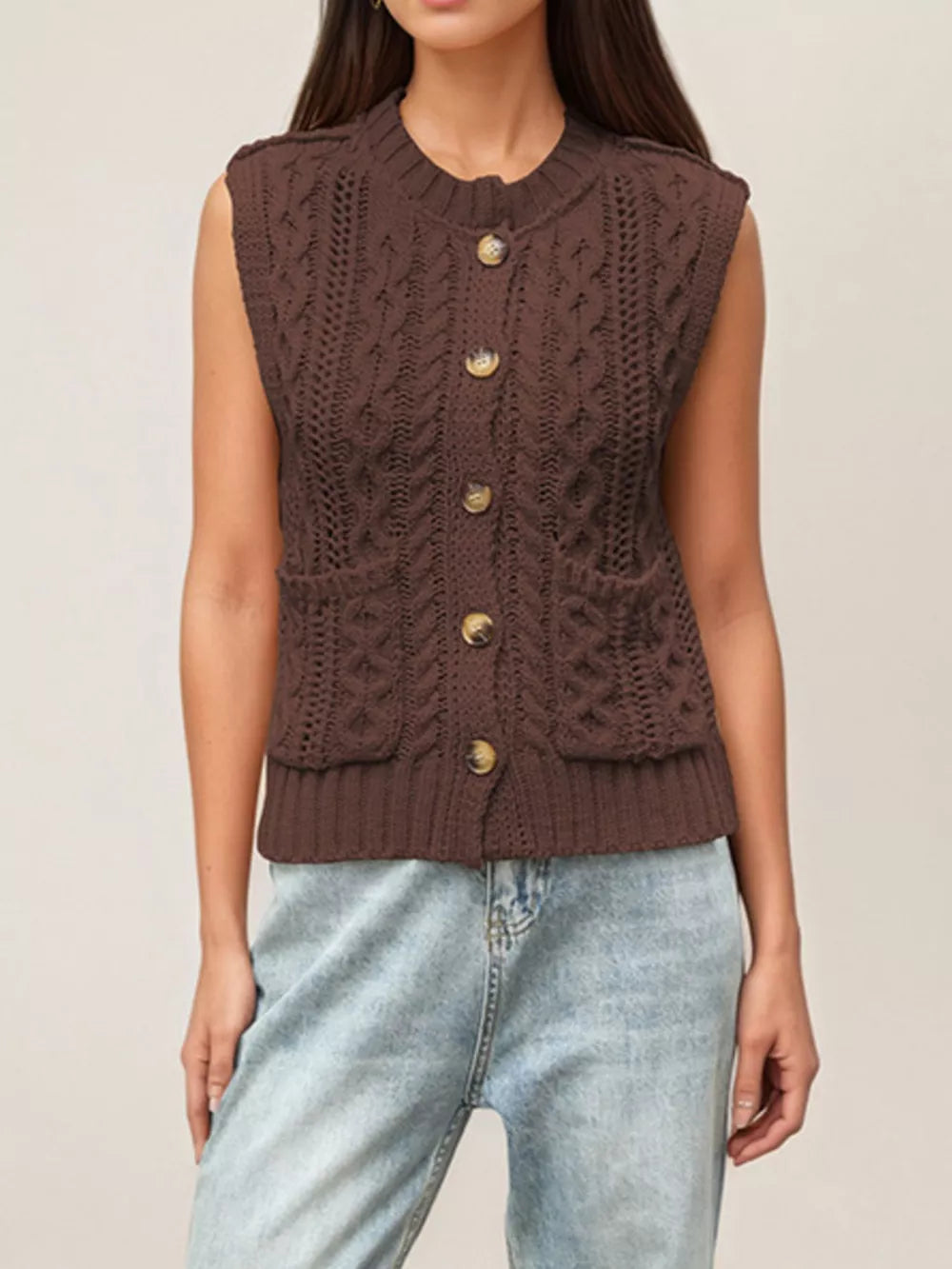 sweater vest featuring cable knit in Black with 100% polyester Care instructions: Machine wash cold texture