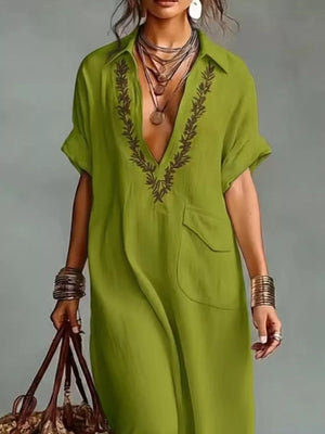Full Size Bohemian Embroidered Maxi Dress in Olive Green