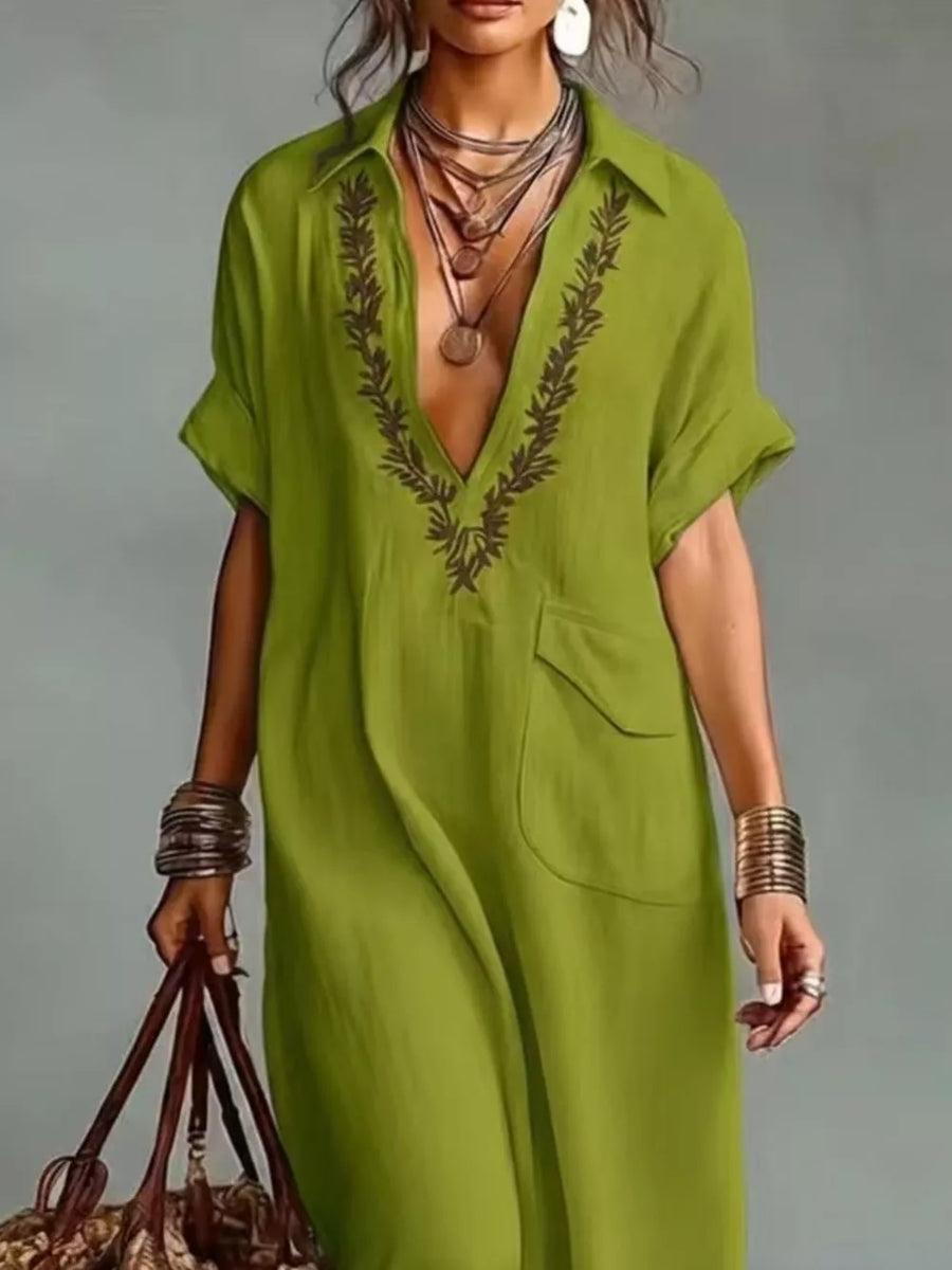 Full Size Bohemian Embroidered Maxi Dress in Olive Green