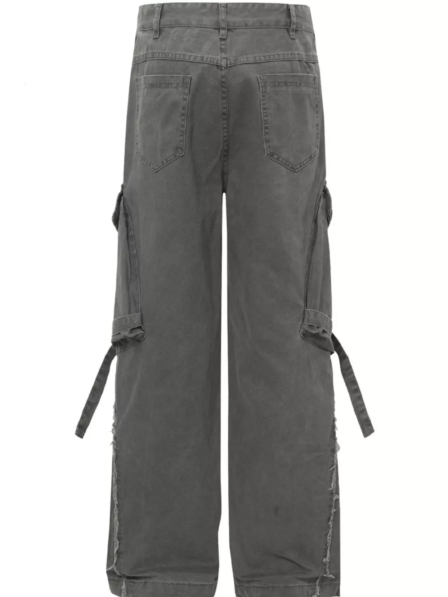Grey cargo pants with buckle detail, pockets, and distressed hem.