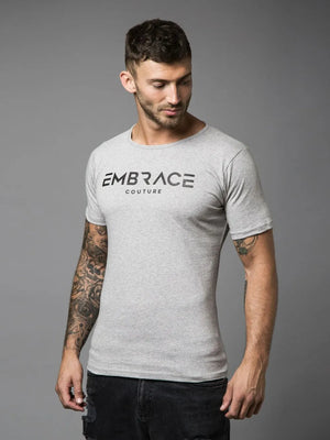 Gray t-shirt with black Embrace Couture logo, crew neck, short sleeves.