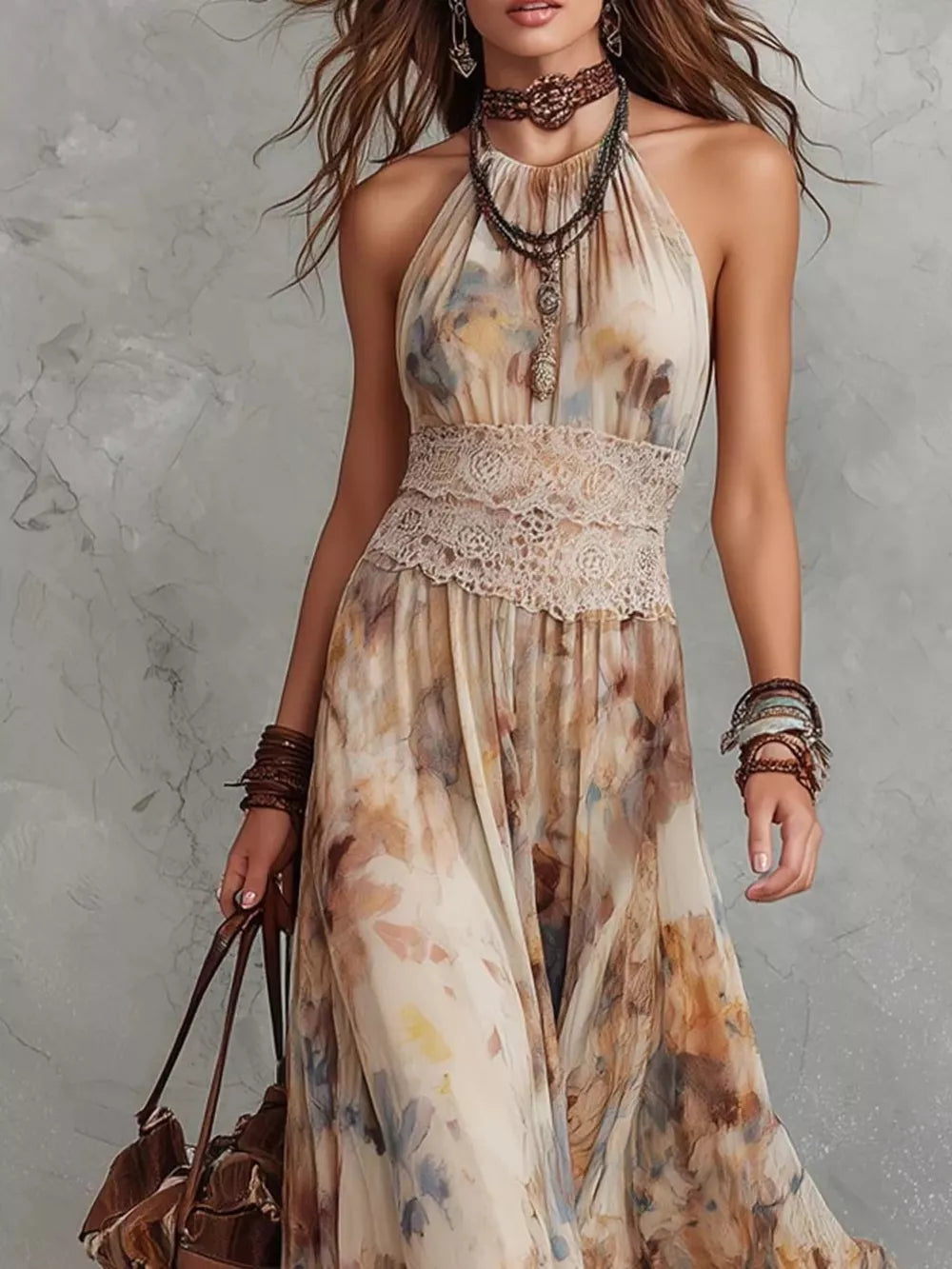 brown maxi dress featuring halter neck and floral
