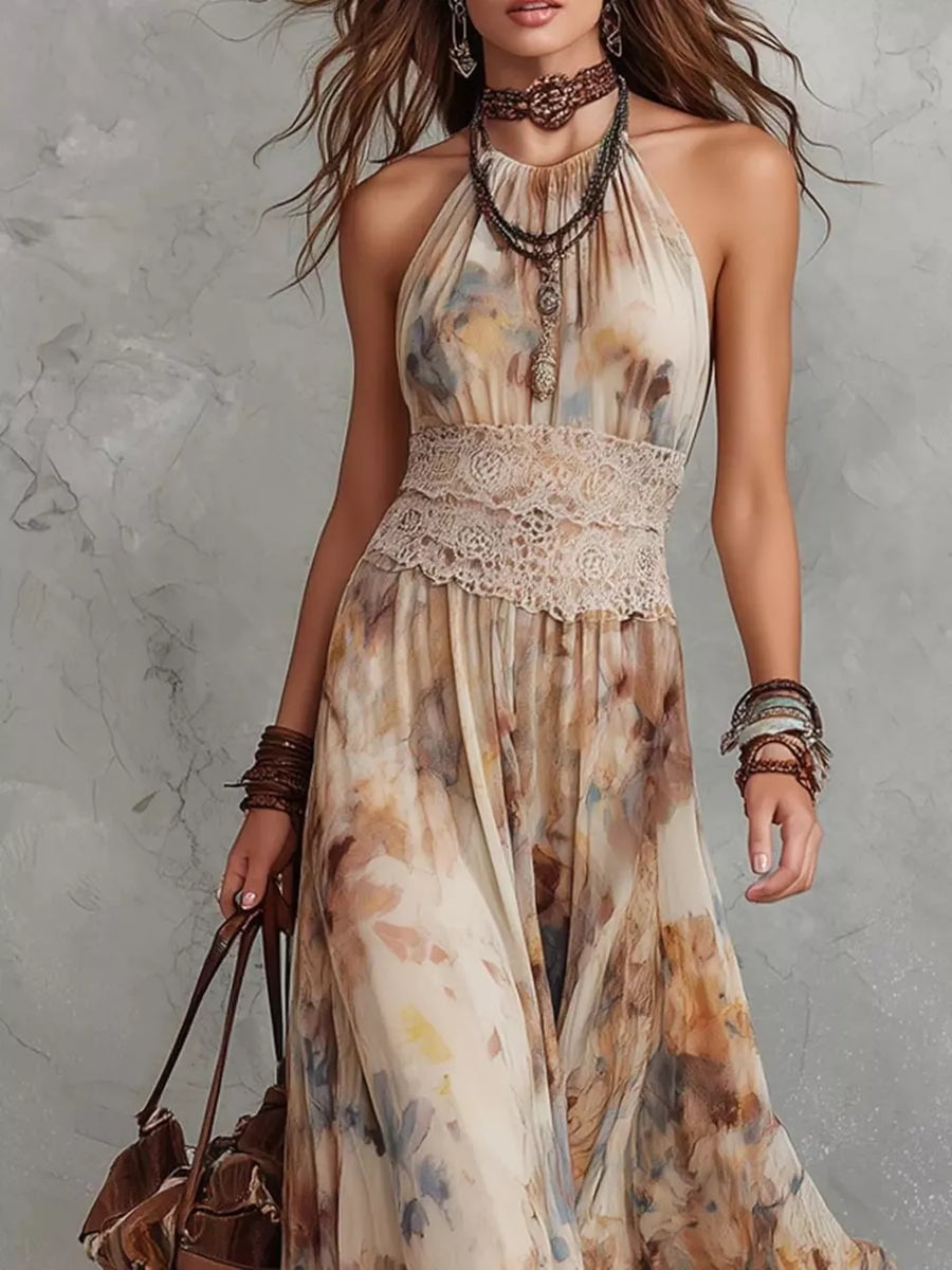 brown maxi dress featuring halter neck and floral