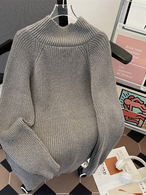 Grey ribbed mock neck sweater with long sleeves
