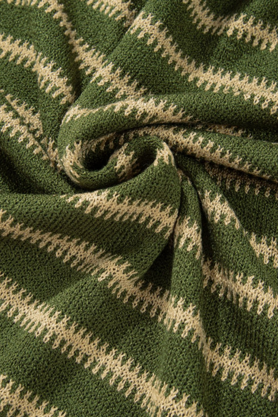 Moss green knit sweater with textured zigzag stripes in a relaxed fit.