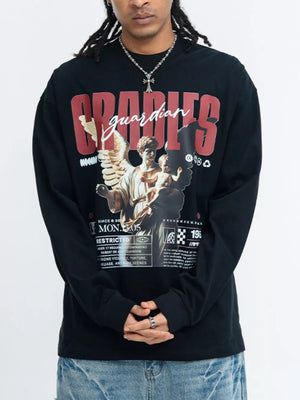 Men's Guardian Angel Graphic Long Sleeve T-shirt in Black