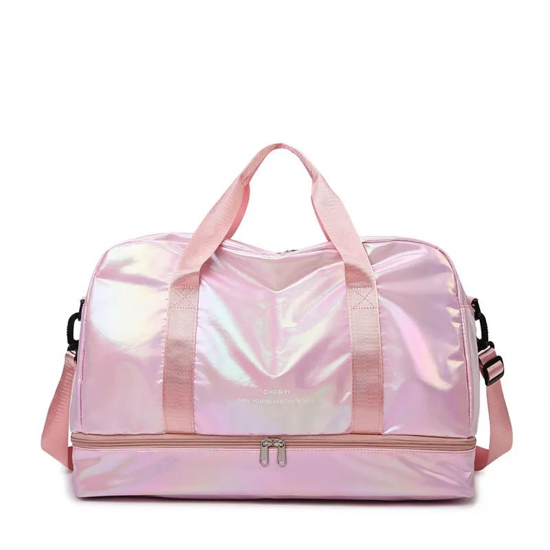 Iridescent pink duffel bag with separate compartment and dual handles