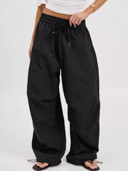 wide-leg pants in Army Green with drawstring waist and full-length