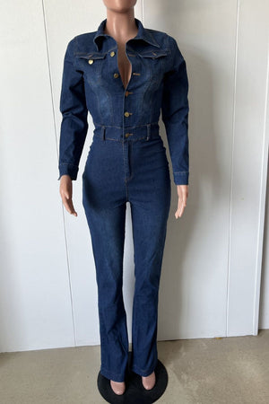 western jumpsuit in dark wash denim blue with collared