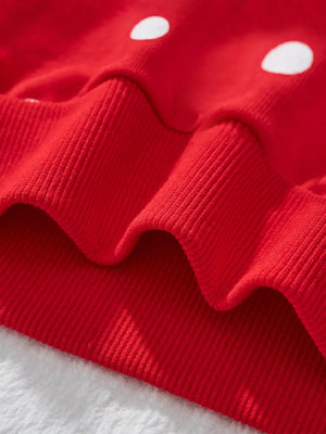 Red cotton sweatshirt with white polka dots and ribbed details