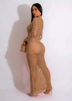 Khaki mesh cutout maxi gown with long sleeves and bodycon fit.