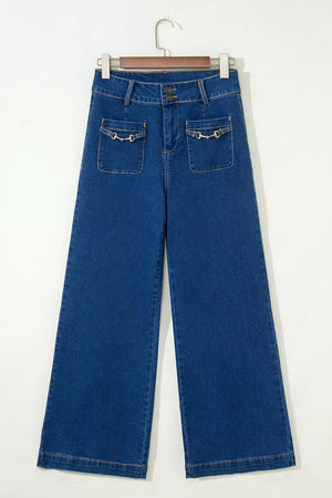 71% cotton, 27 jeans in medium blue with wide-leg silhouette