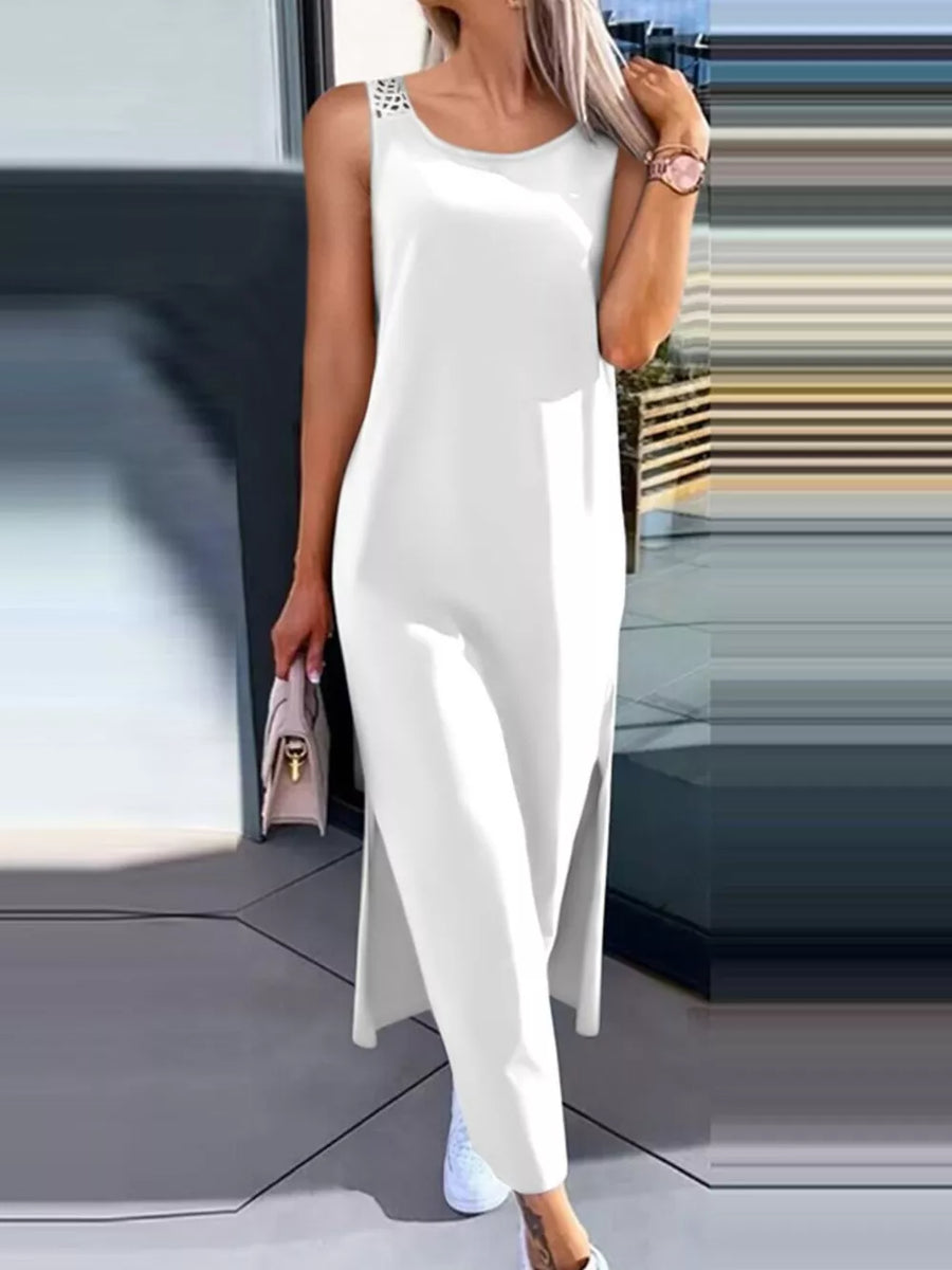 maxi dress in white featuring side slit and straight fit