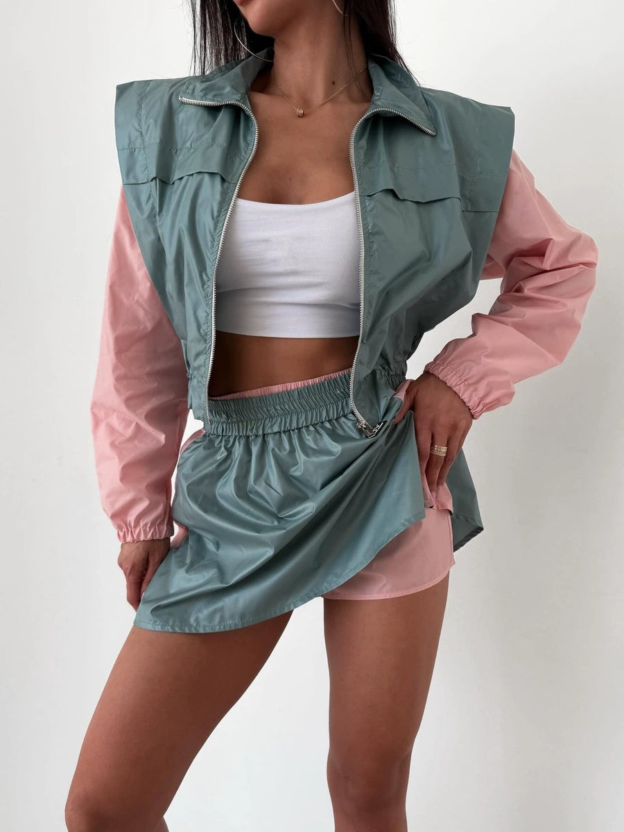 set in Red with color-block and zipper