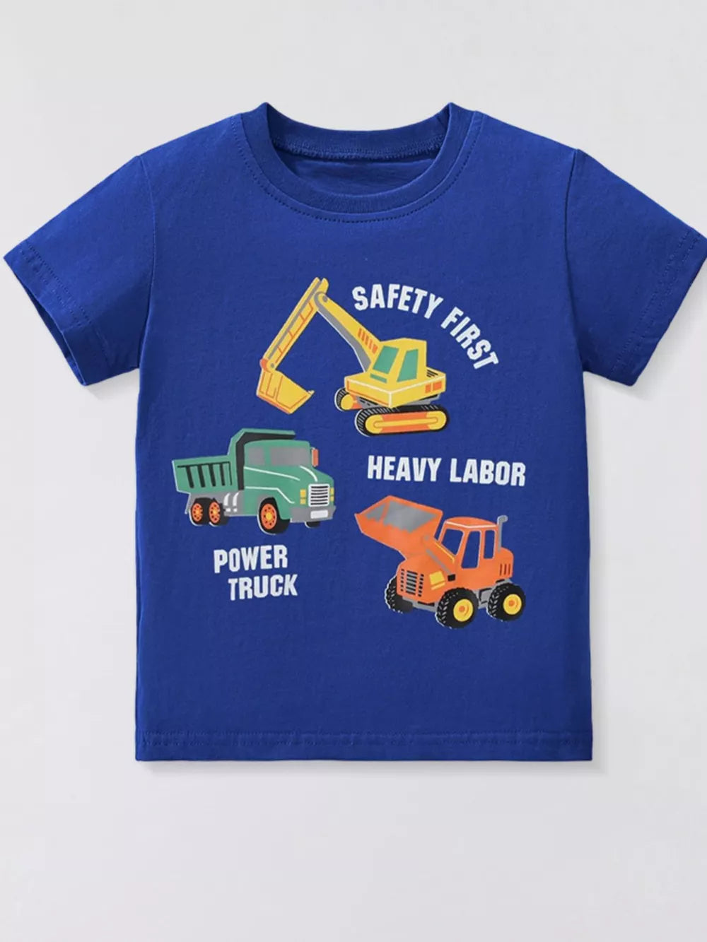 Blue t-shirt with construction vehicles and text graphics.