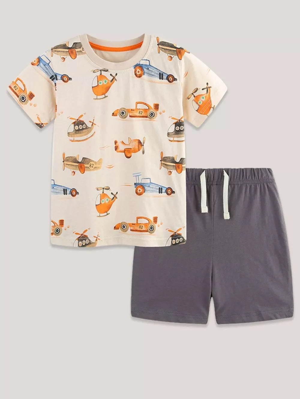 Baby t-shirt and shorts set with playful vehicle print on cream cotton, grey shorts.