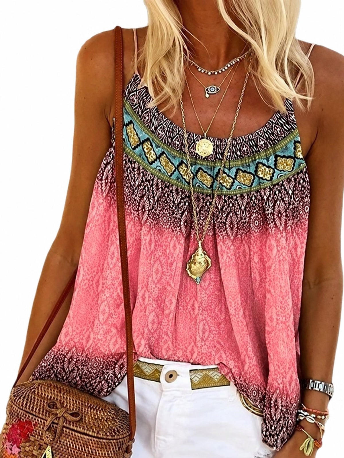 pink camisole with ethnic-print and scoop neck