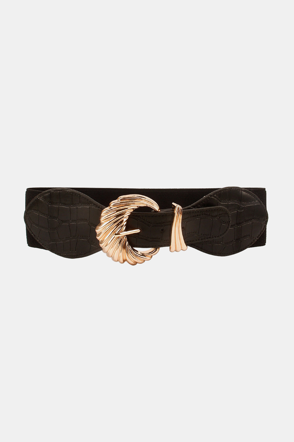 Black croc-embossed elastic belt with a sculptural gold buckle.