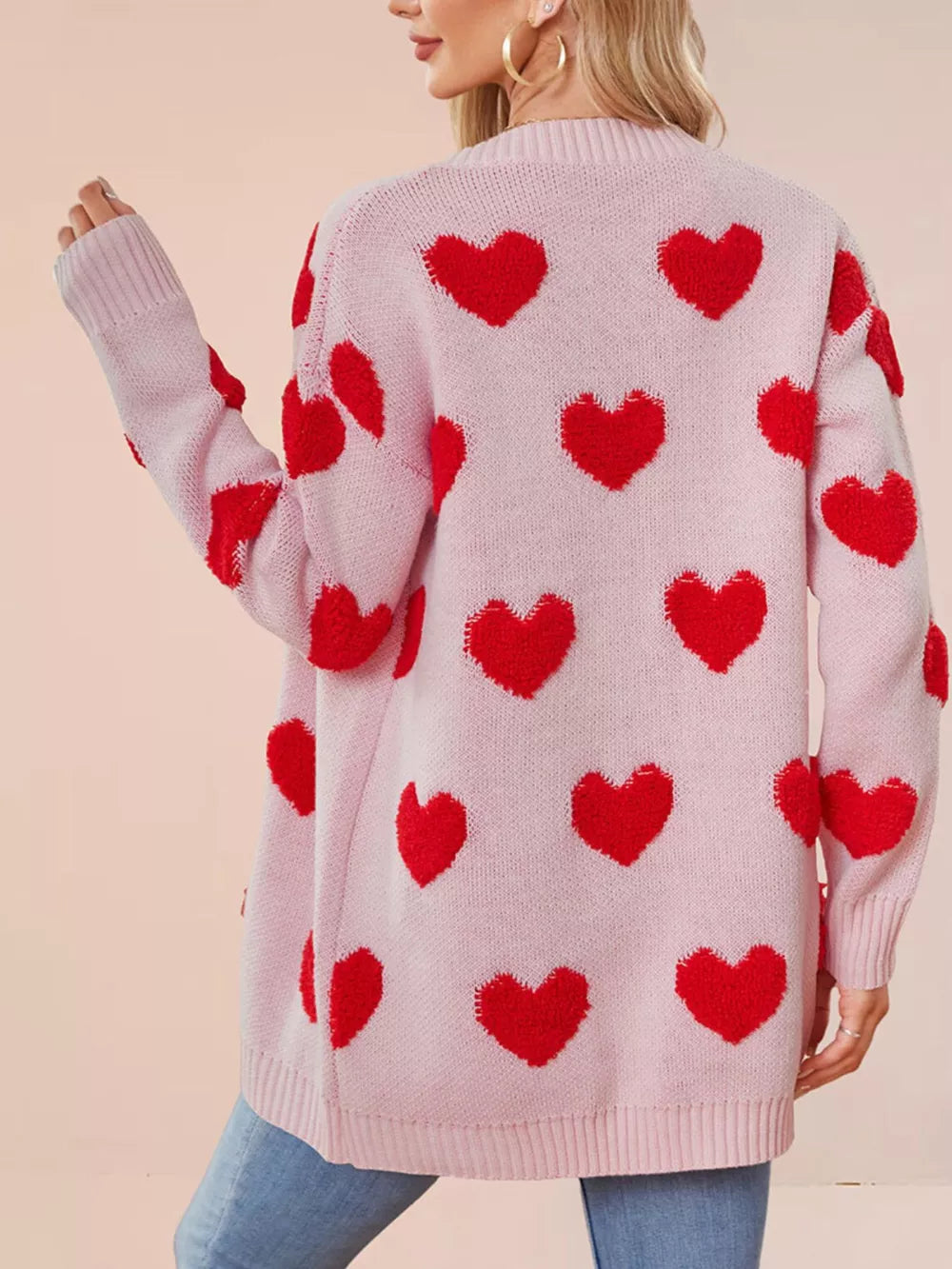 cardigan featuring heart in red with 100% polyester Care instructions: Machine wash cold texture