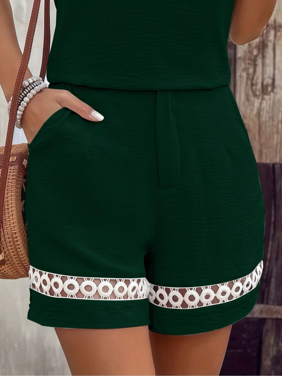 Lace Trim Short Sleeve Top And Shorts Set in Black with lace trim