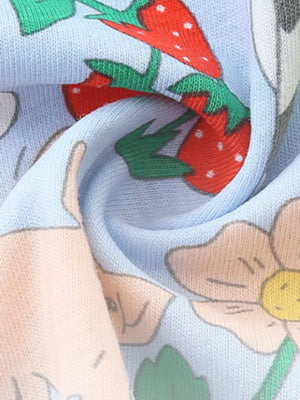 Light blue cotton toddler dress with cartoon strawberry and flower print.