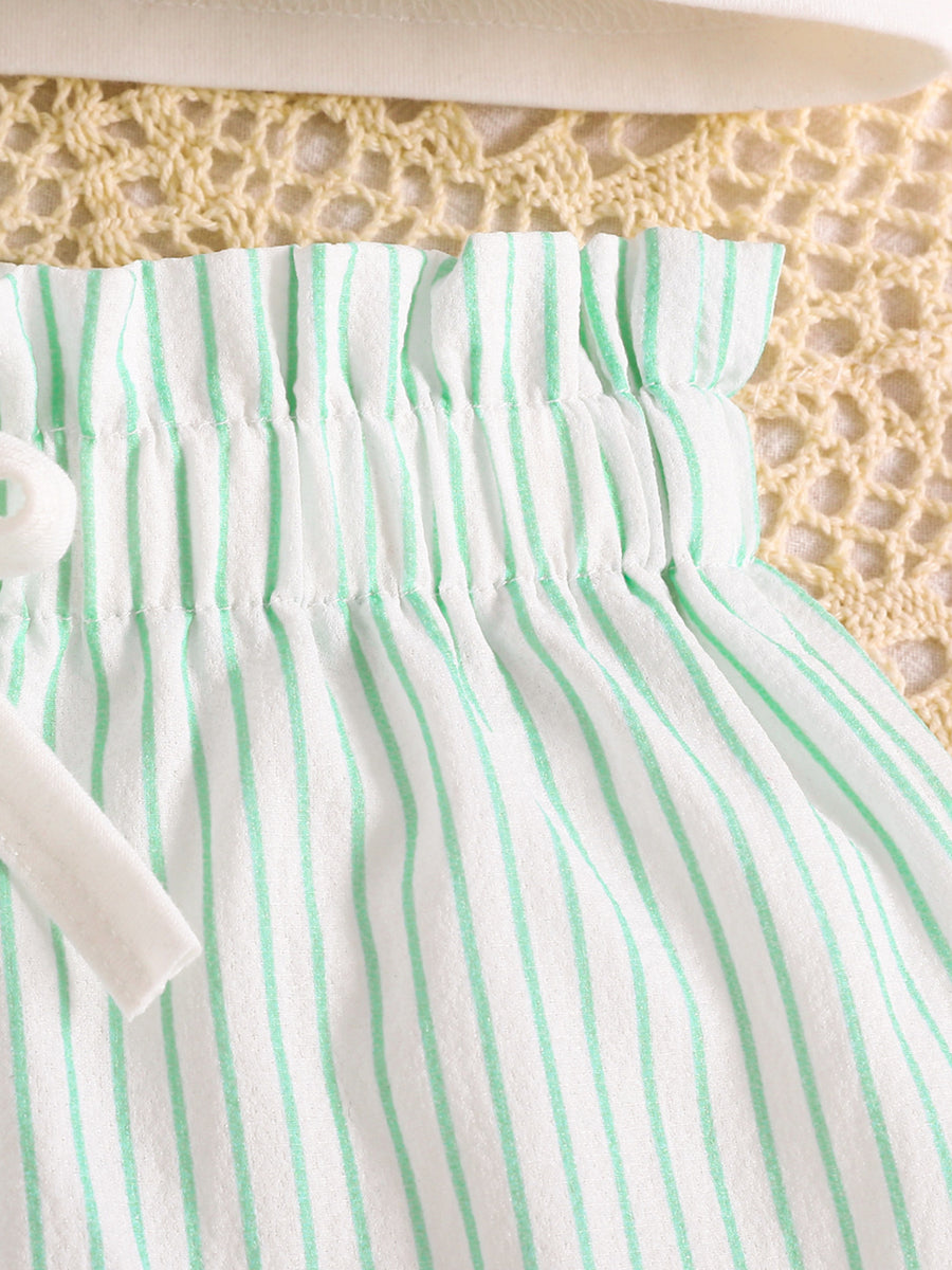 Baby girls' white cotton pants with green stripes and ruffled waist
