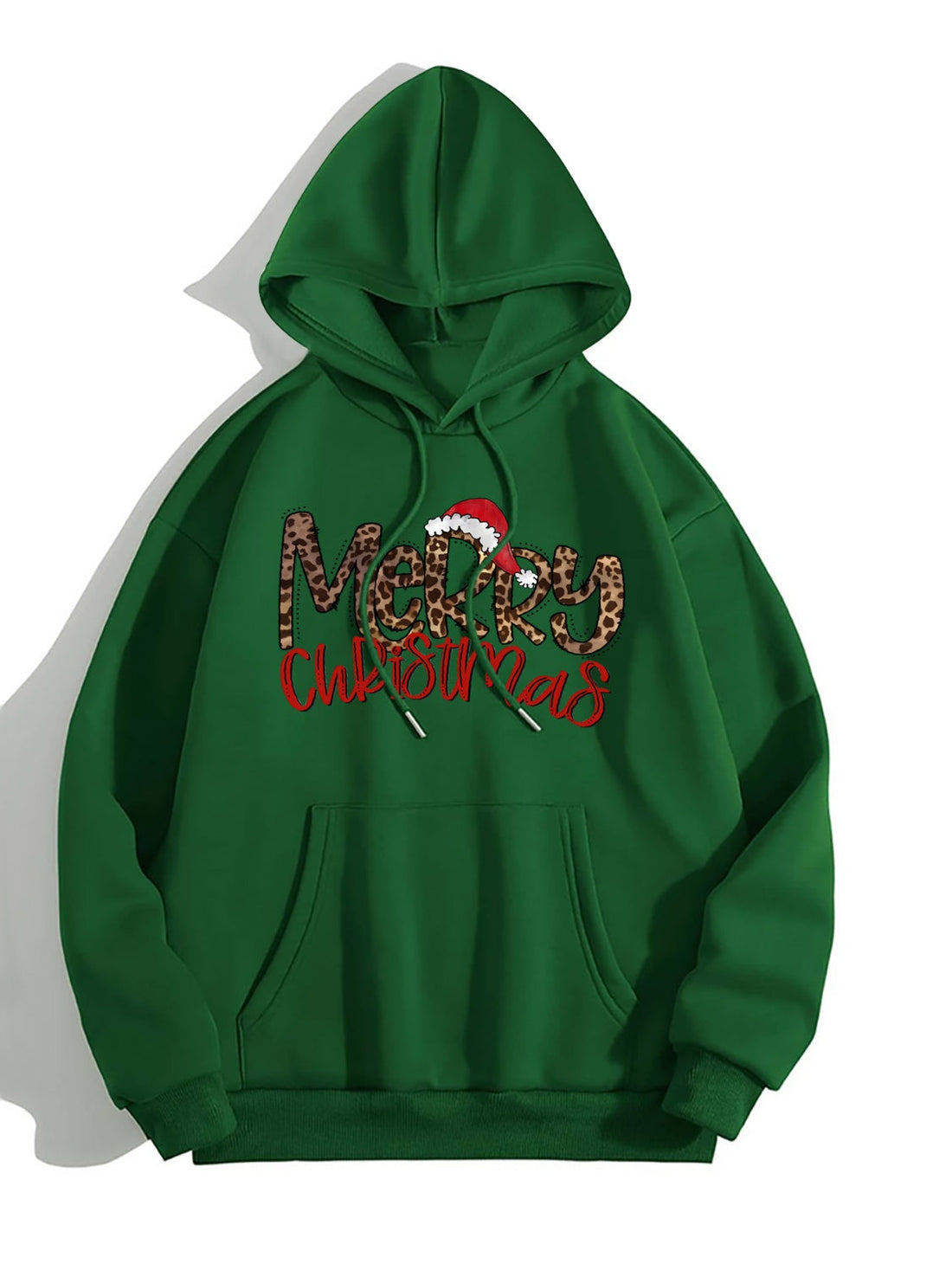 Green hoodie with leopard print Merry Christmas graphic and adjustable hood