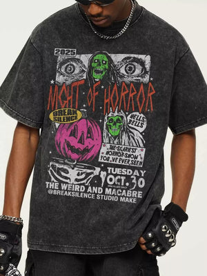Dark Gray vintage horror graphic t-shirt with a distressed wash and crew neck.