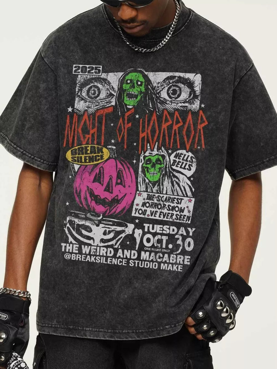 Dark Gray vintage horror graphic t-shirt with a distressed wash and crew neck.