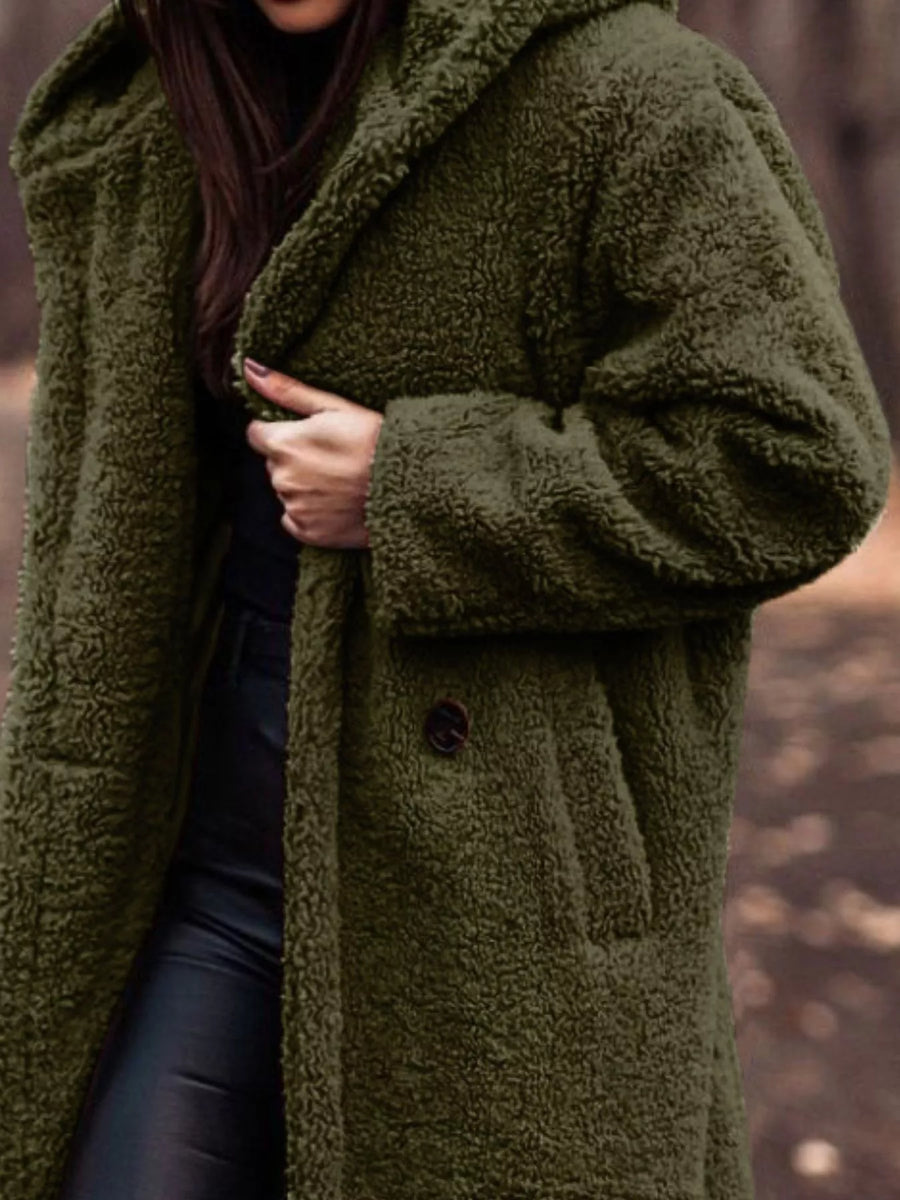 Army green teddy bear longline coat with hood and button detail.