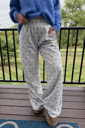 Light Gray Floral Print Elastic Waist Pants