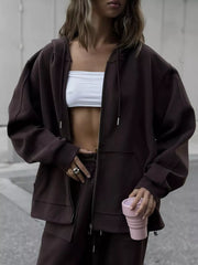 Oversized Zip-up Hoodie And Wide-leg Pants Set in Brown, view 14