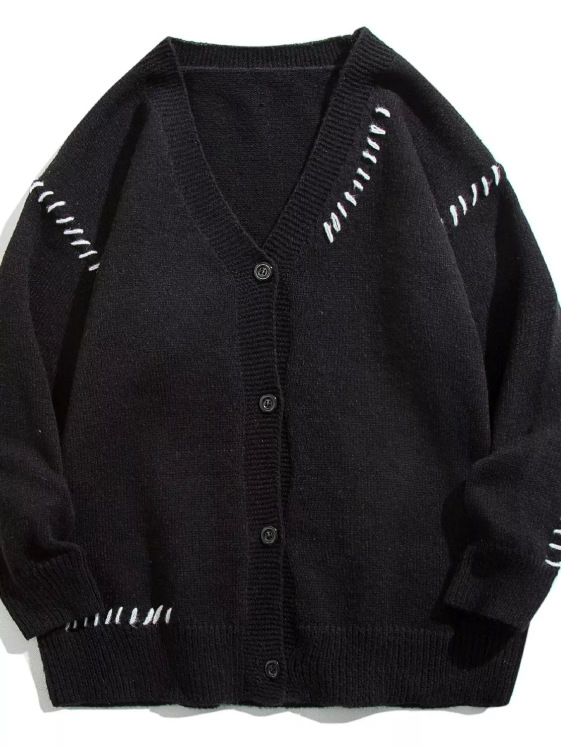 Black ribbed V-neck cardigan with white contrast stitching details and buttons.