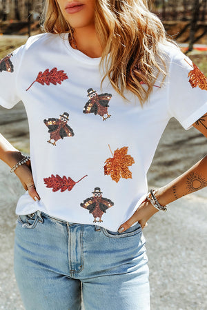 white t-shirt with graphic print and round neck