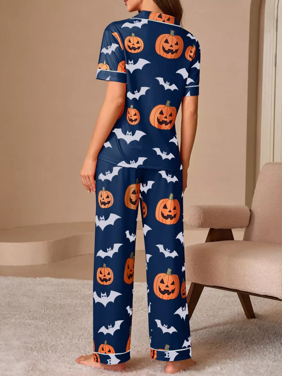 Orange pajama set with hip-length, full-length and button-front, elastic