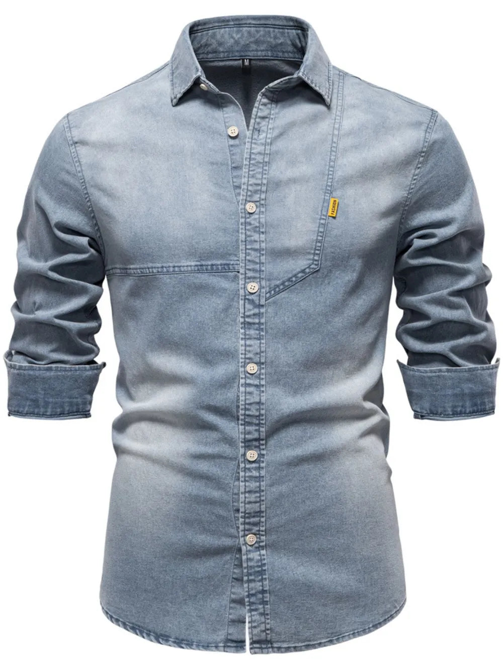 Light wash denim button-down shirt with asymmetric pocket detail and rolled sleeves.