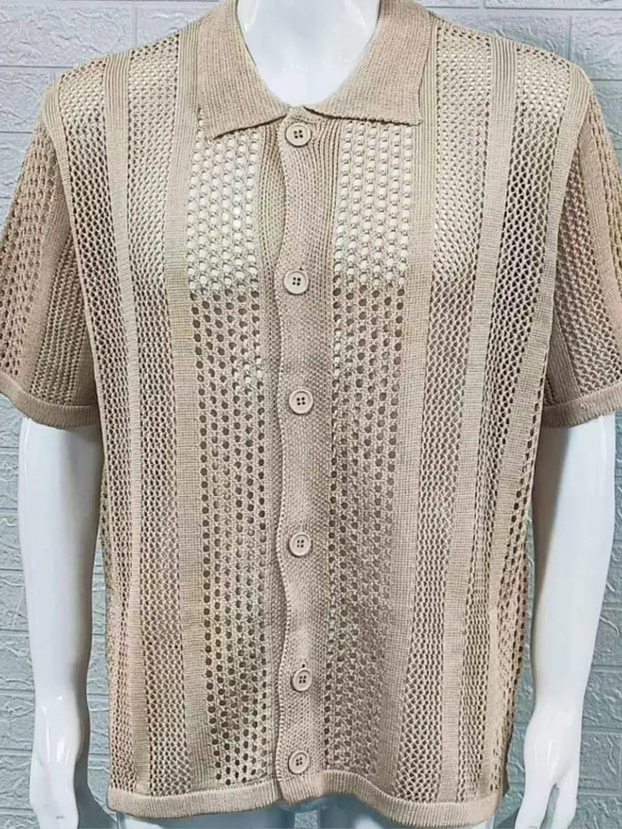 Beige open-knit resort shirt with short sleeves and button front.