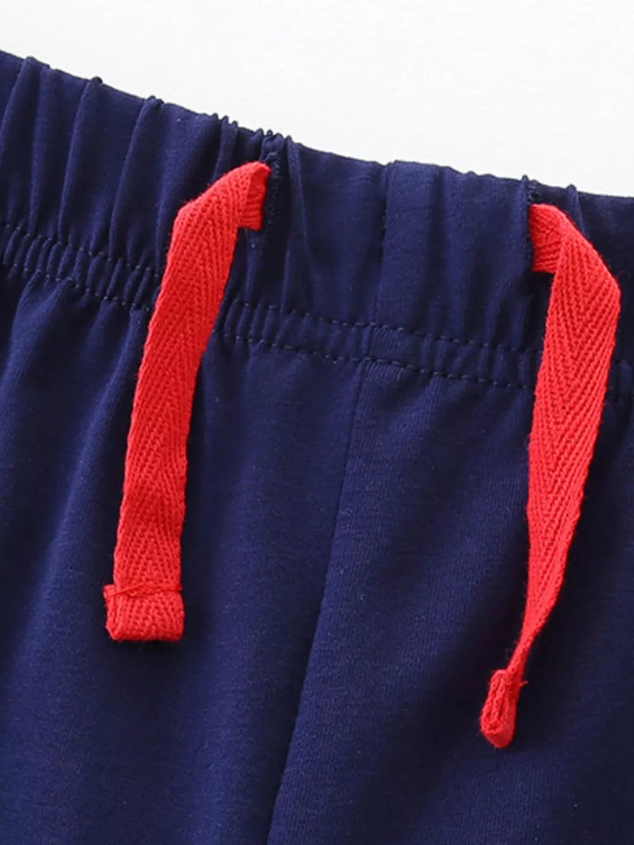 Toddler navy cotton blend shorts with red drawstring detail