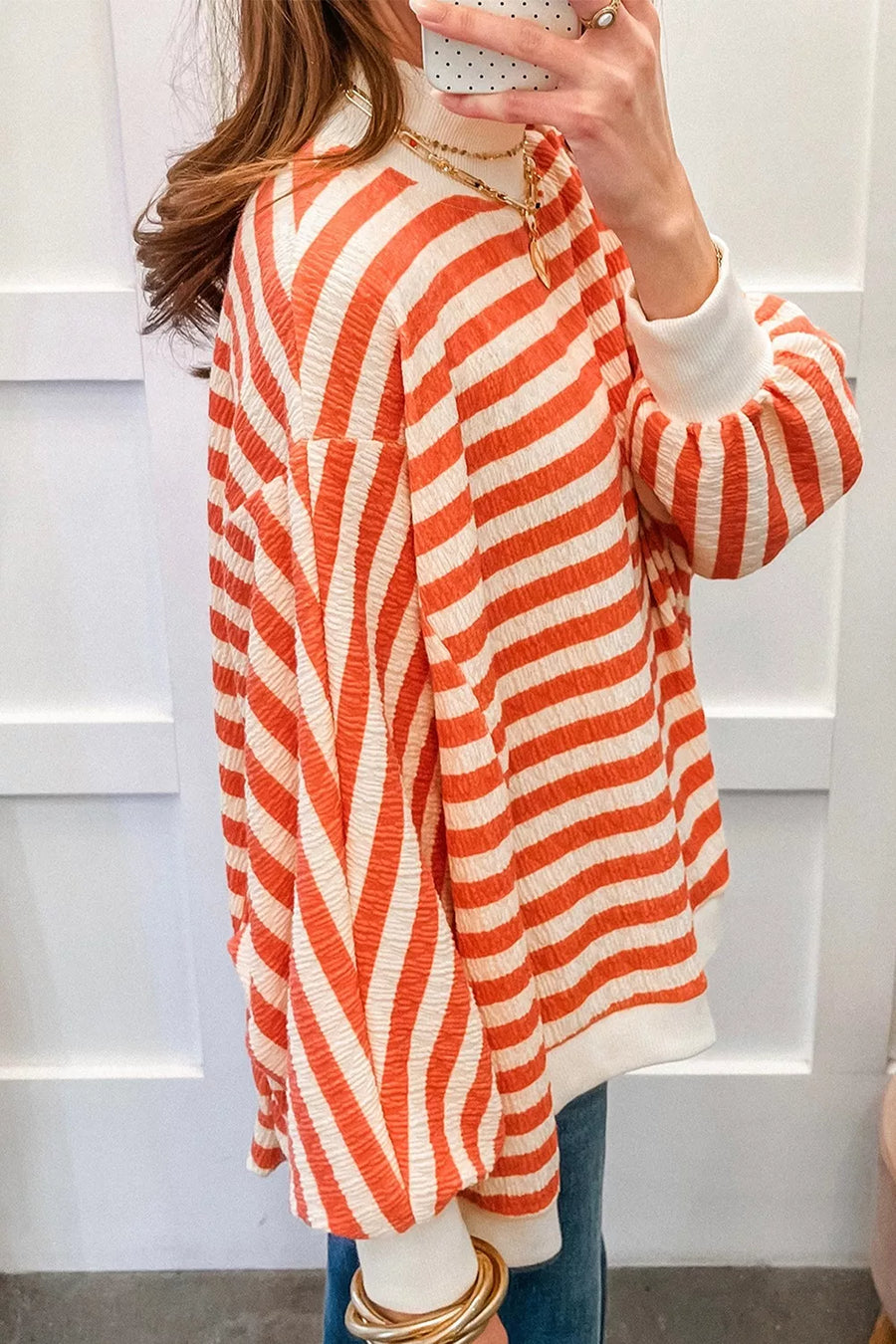 Striped Textured Stand Neck Oversized Shirt option 4