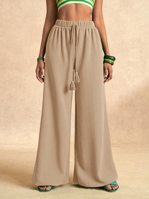 wide-leg pants in periwinkle with drawstring and full-length