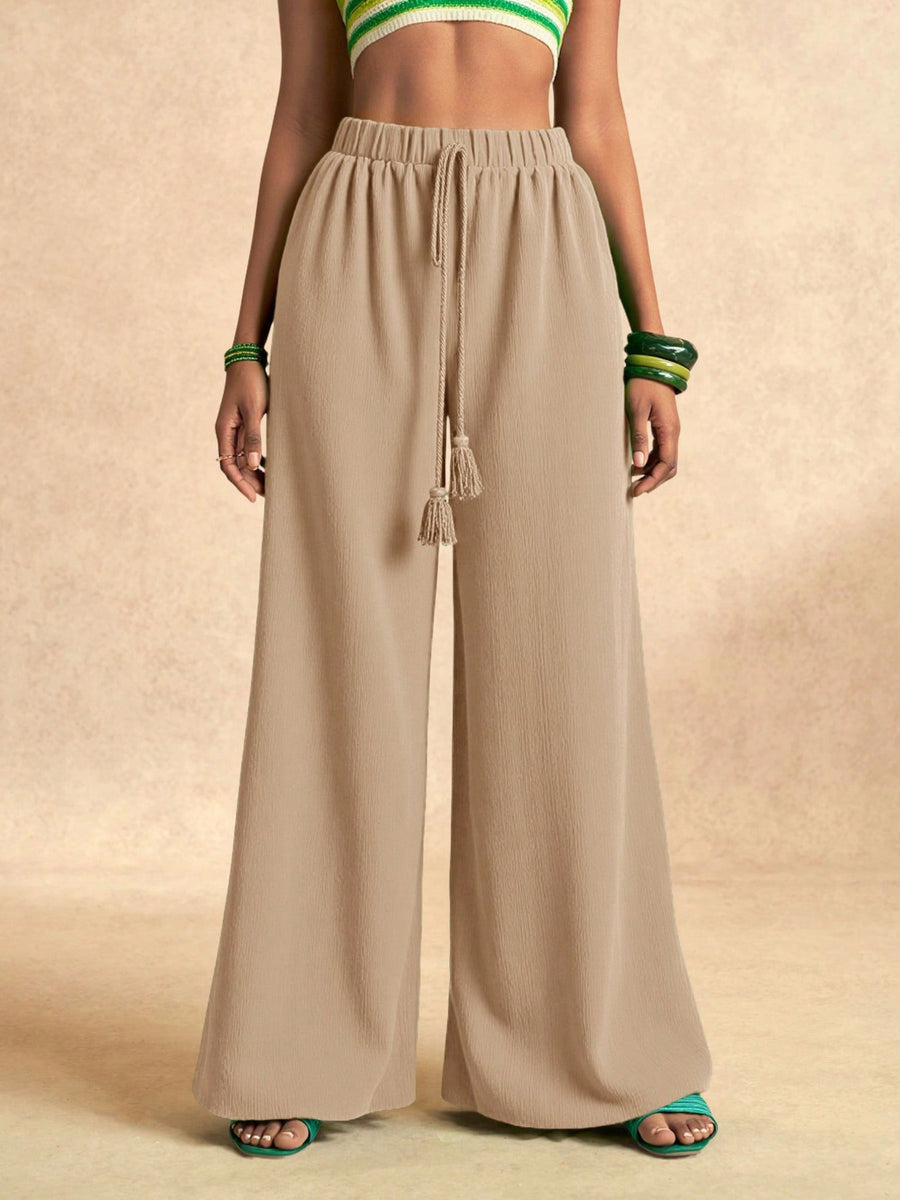 wide-leg pants in periwinkle with drawstring and full-length